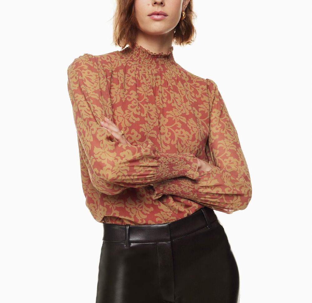 Aritzia Wilfred Valencia Rosy Red Maplewood Mock Neck Puff Sleeve Blouse XS